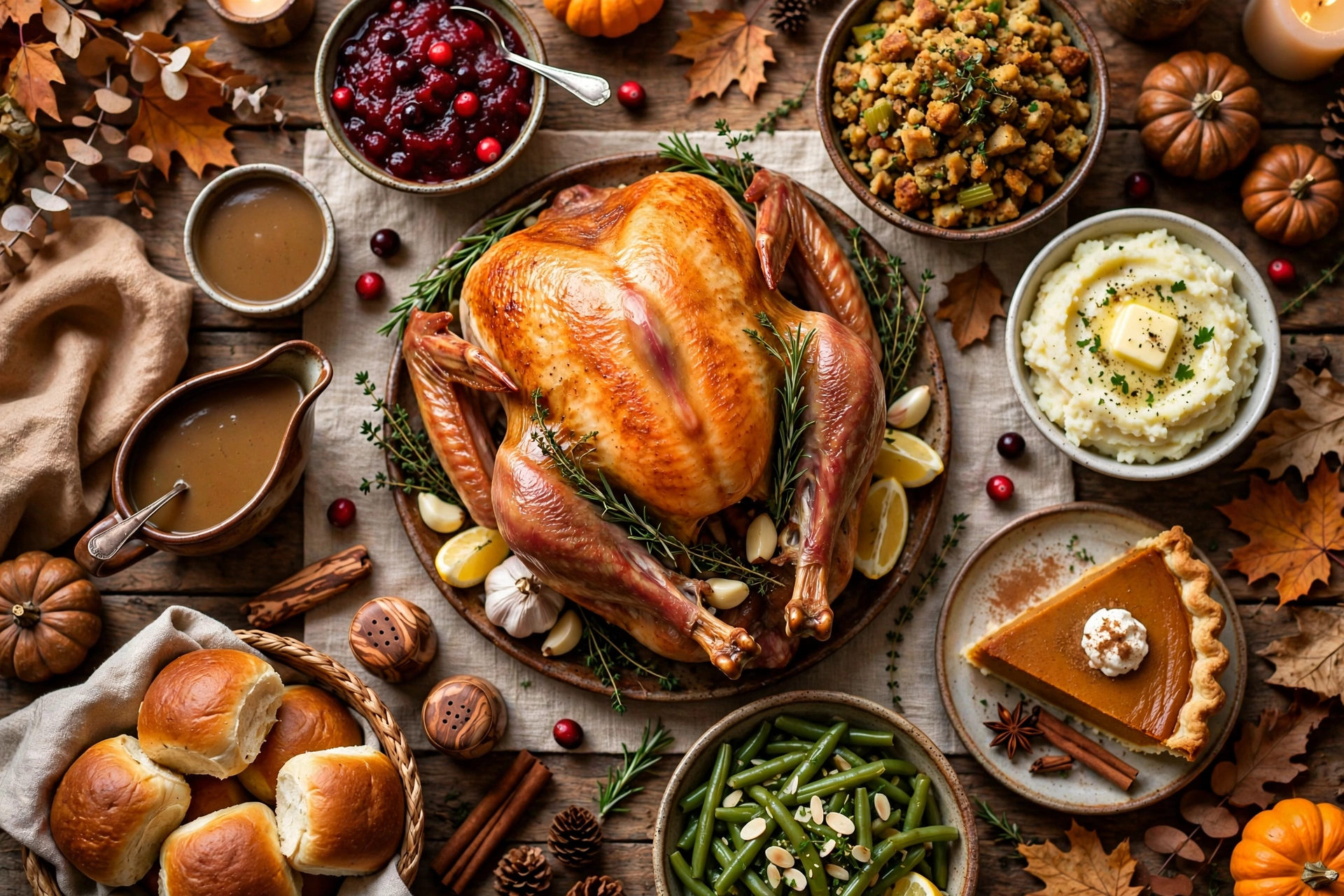 Traditional Thanksgiving dinner spread with roast turkey, sides and pies from above