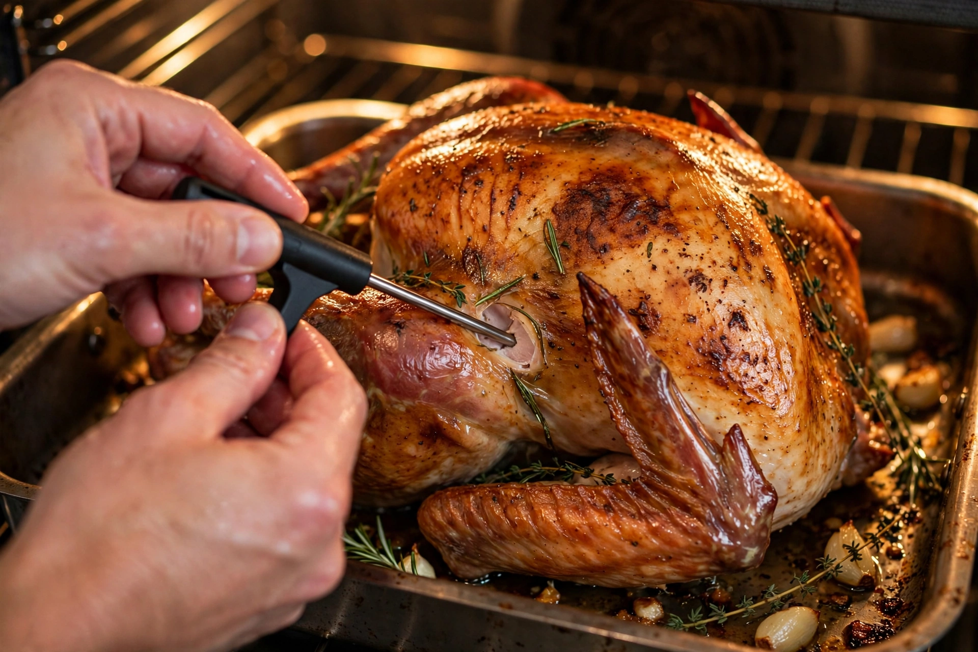 Checking turkey temperature with a thermometer Instant-read thermometer checking a roasted turkey in a pan