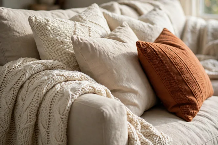 Sofa styled with layered throw pillows and a cozy knit blanket