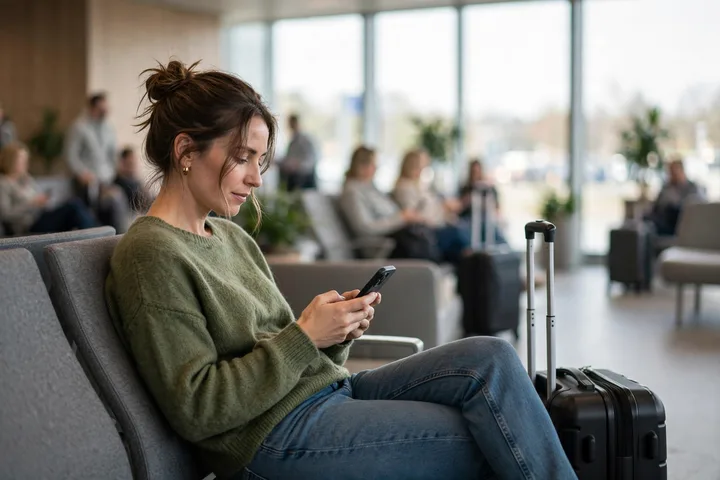 Traveler waiting in an airport departure lounge with carry-on luggage, a calm moment in these Thanksgiving travel tips 2026