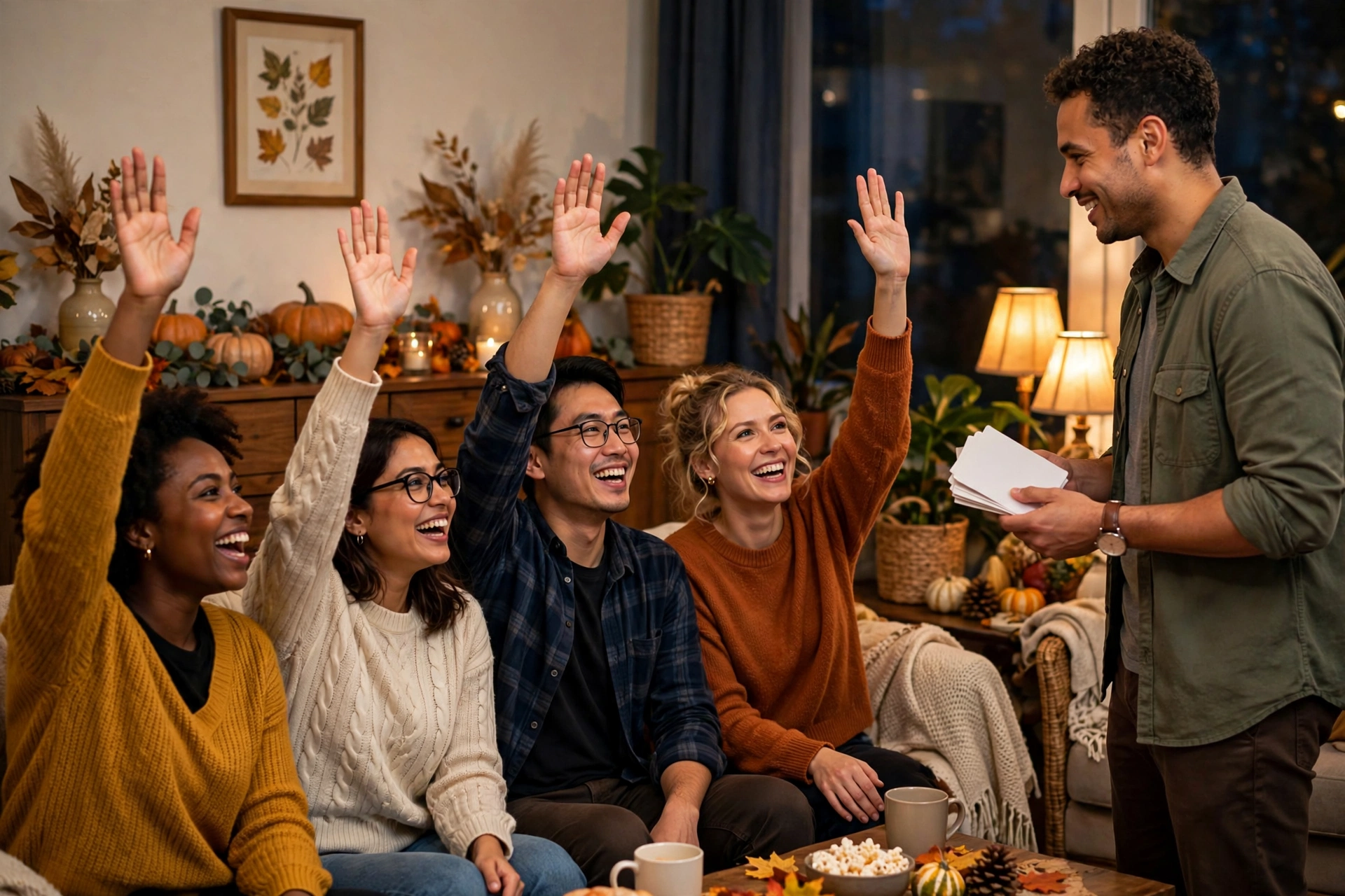 Friends raising hands eagerly to answer a quiz question during Thanksgiving trivia night in a living room