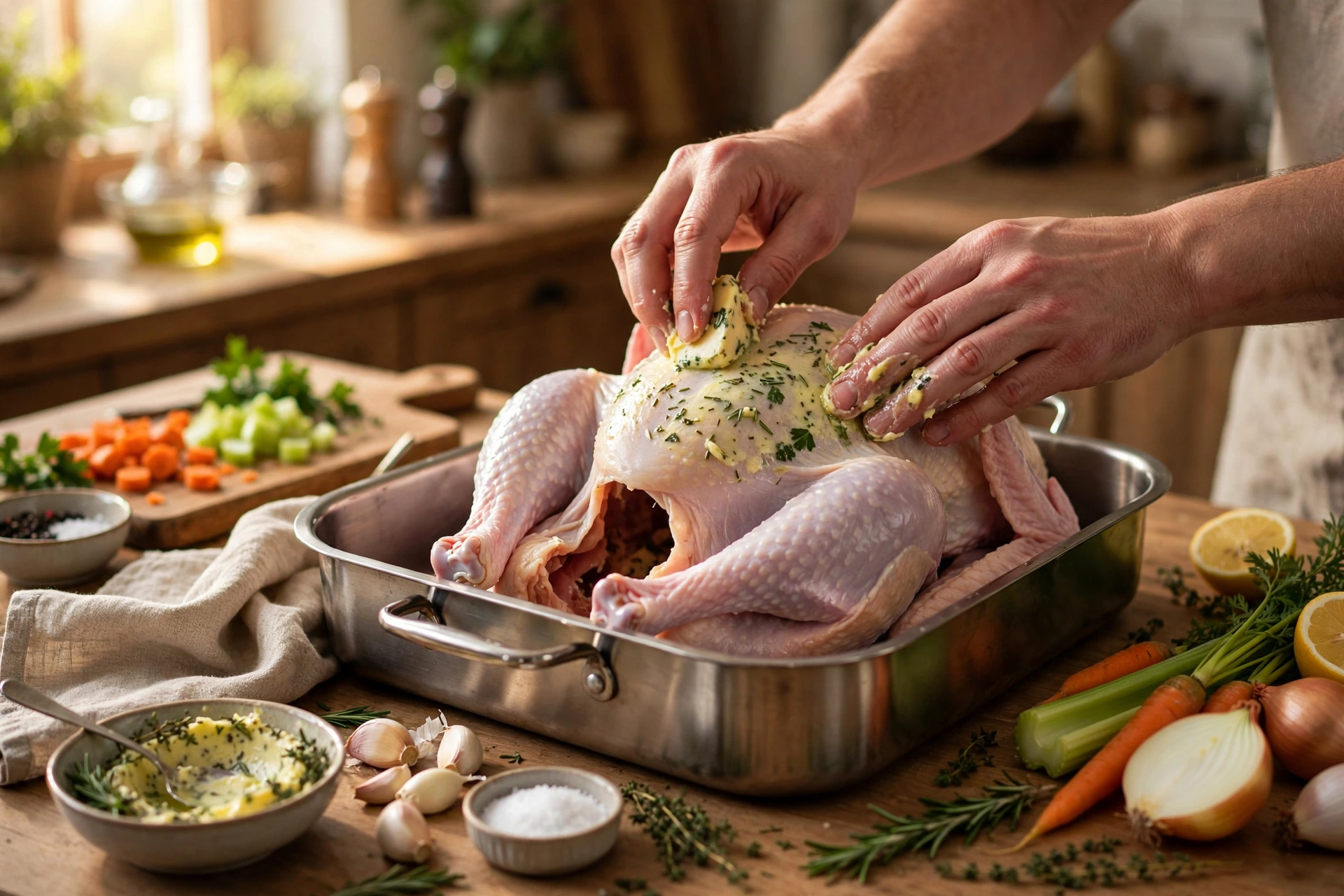 Preparing the turkey the day before Thanksgiving Hands preparing a raw turkey in a roasting pan with herbs and vegetables