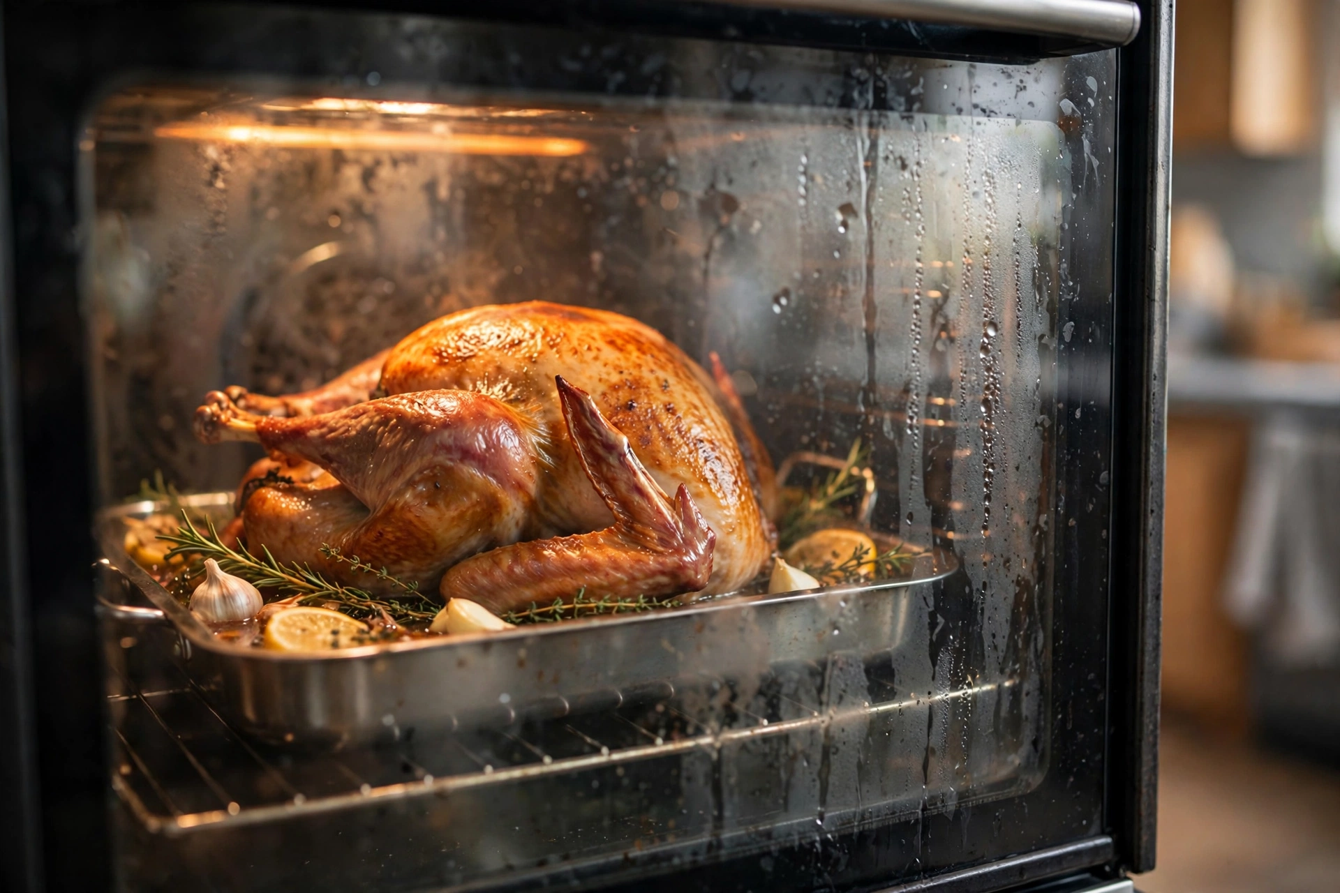 Golden-brown turkey roasting in the oven seen through the glass door