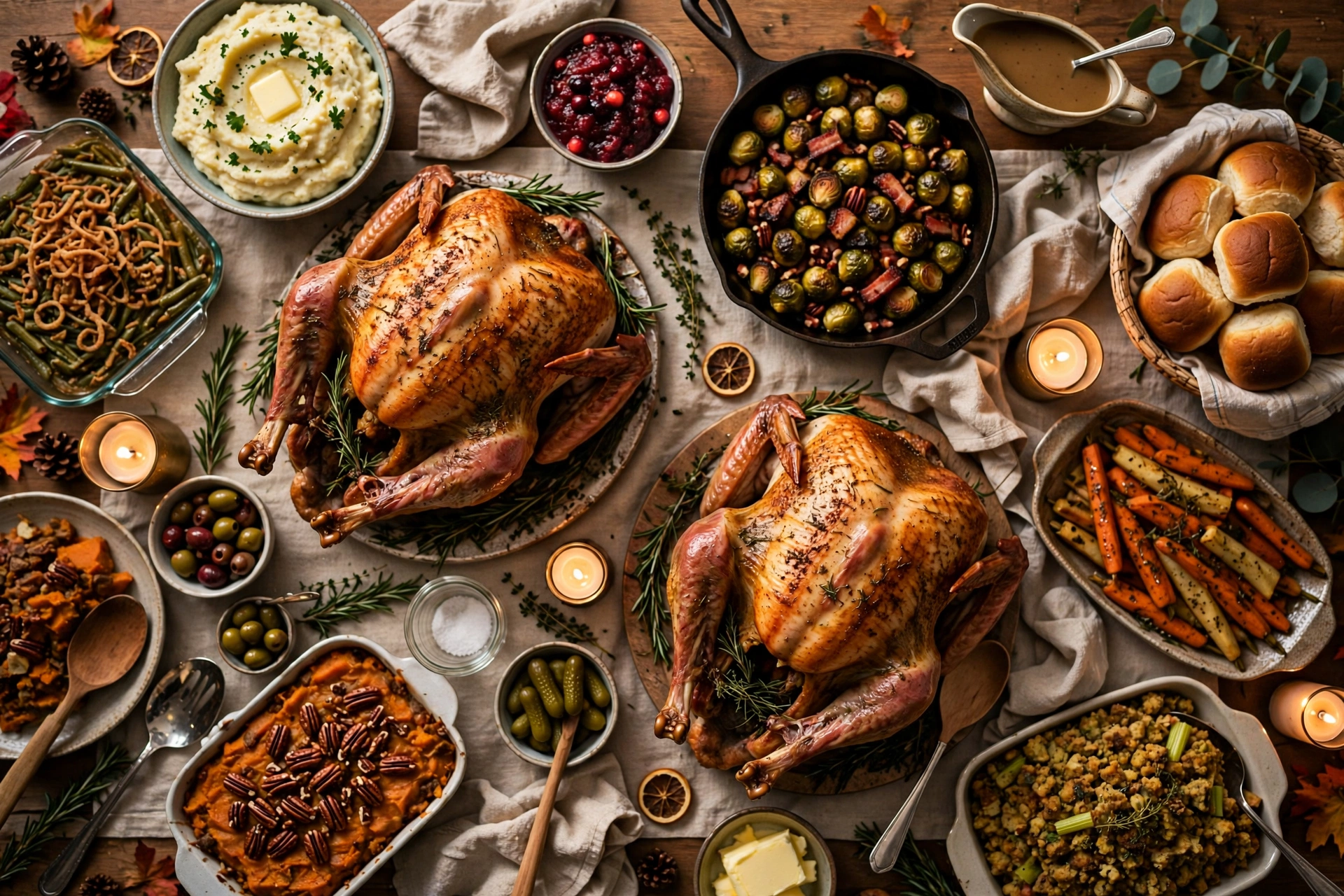 Two roasted turkeys on a buffet table for a large family gathering