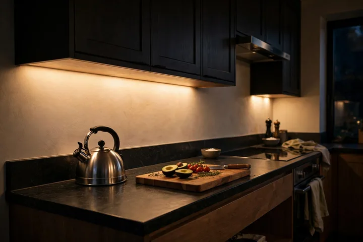 Kitchen with warm under-cabinet lighting glowing over countertops in the evening
