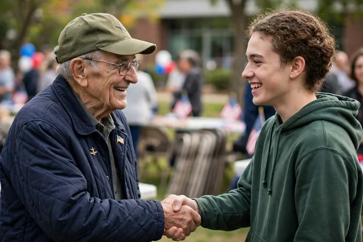 A veteran shaking hands with a young man