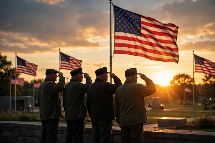 Veterans saluting at dusk with American flags