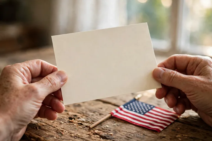 Hands holding a blank thank-you card for a veteran
