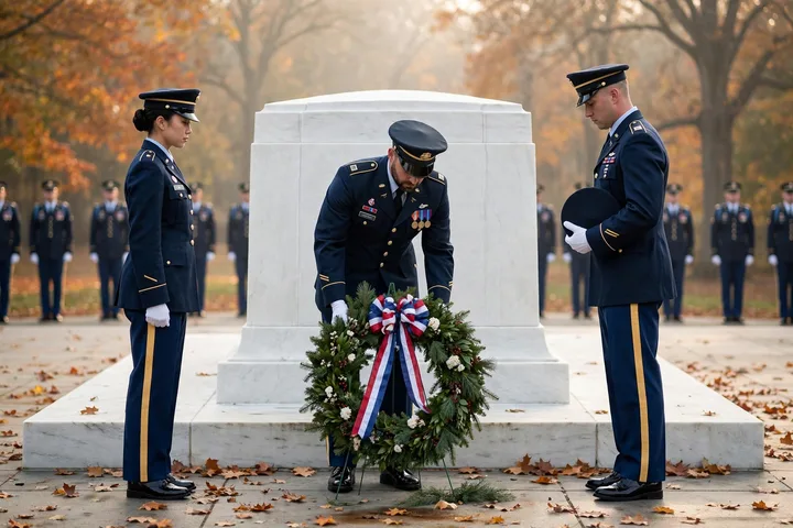 Soldiers laying a wreath at a military ceremony