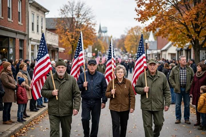 Veterans carrying American flags in a Veterans Day parade