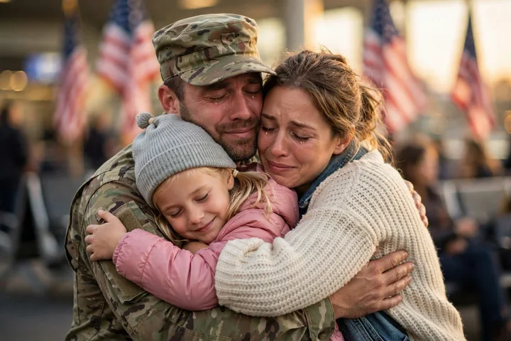 A service member sharing a homecoming hug with family