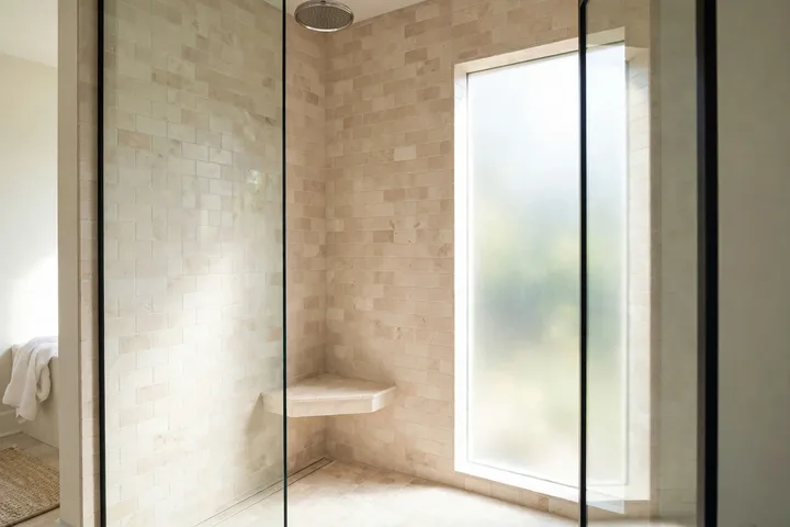 Walk-in glass shower with rainfall showerhead in a remodeled bathroom