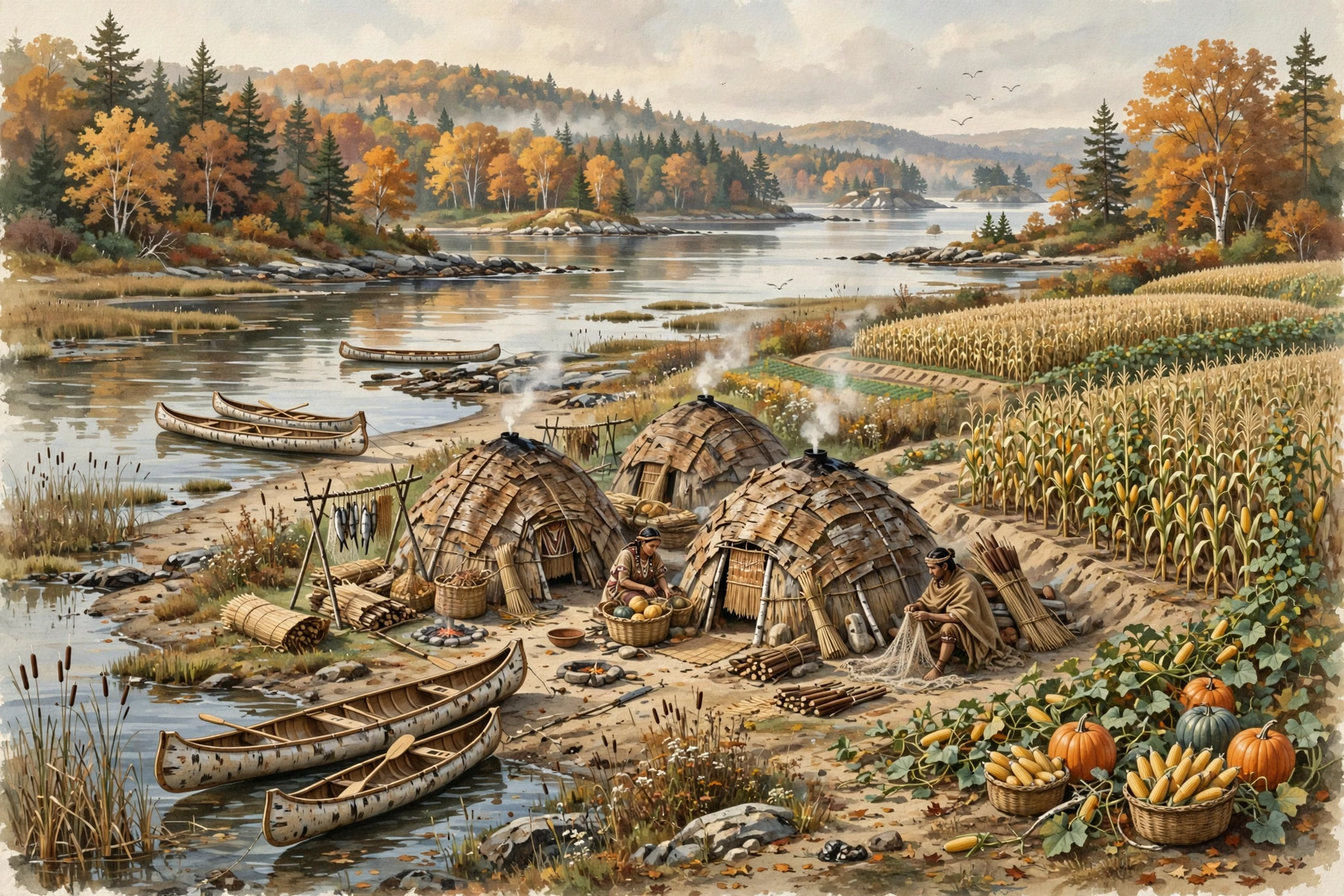 Wampanoag homeland before European settlement Illustration of Wampanoag homeland with wetu dwellings, cornfields and canoes in coastal New England