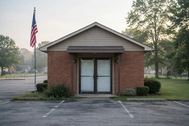Small-town post office building with an American flag flying at dawn