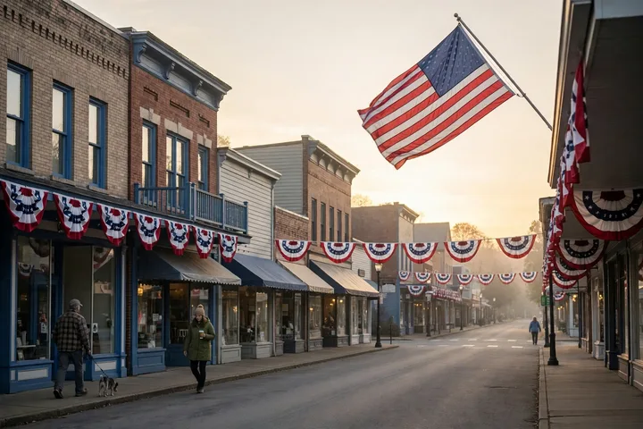What’s open and closed on Veterans Day 2026 — American flag flying at sunrise over a main street decorated with patriotic bunting
