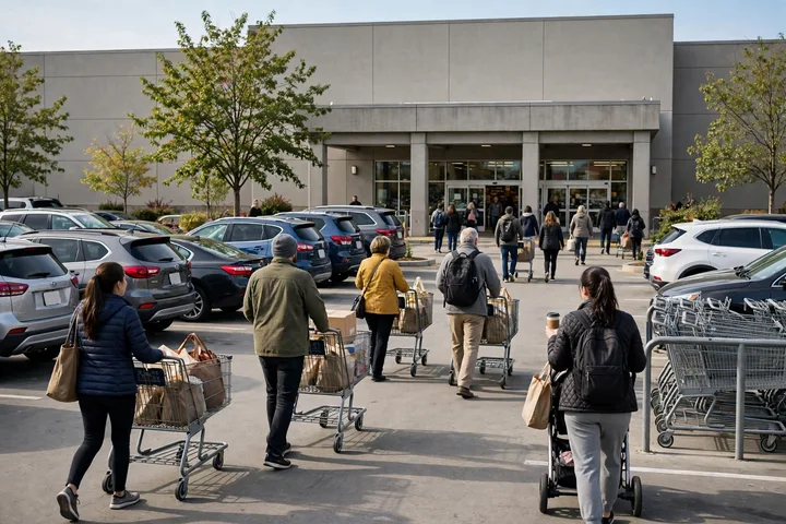 Shoppers pushing carts across a busy retail store parking lot on Veterans Day
