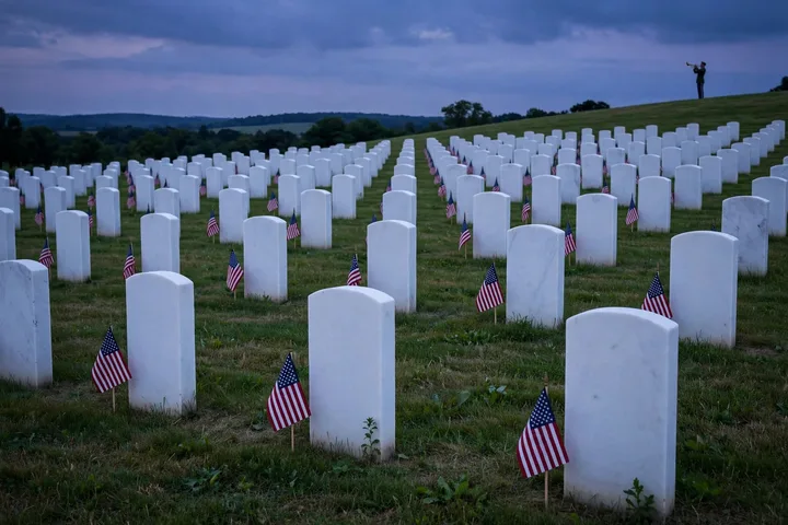 Rows of white headstones with small American flags in a national cemetery at dusk
