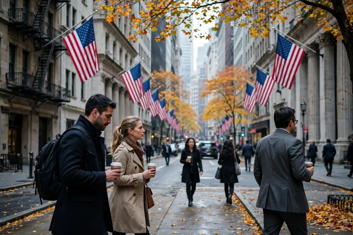 Commuters walking on a financial district street lined with American flags on Veterans Day