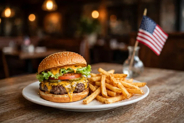 Diner burger and fries with a small American flag, a free Veterans Day meal for veterans