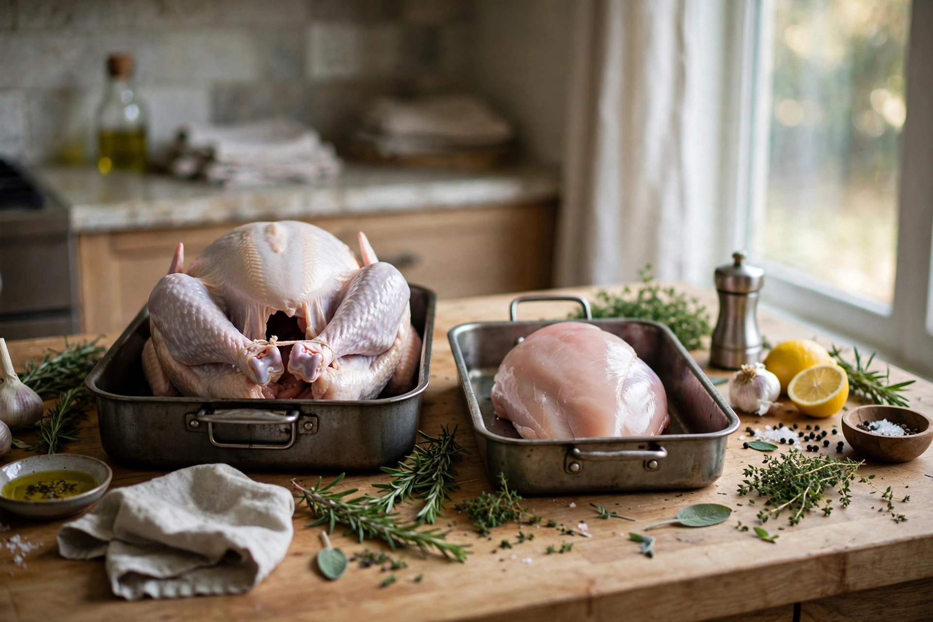 Raw whole turkey and turkey breast side by side in roasting pans