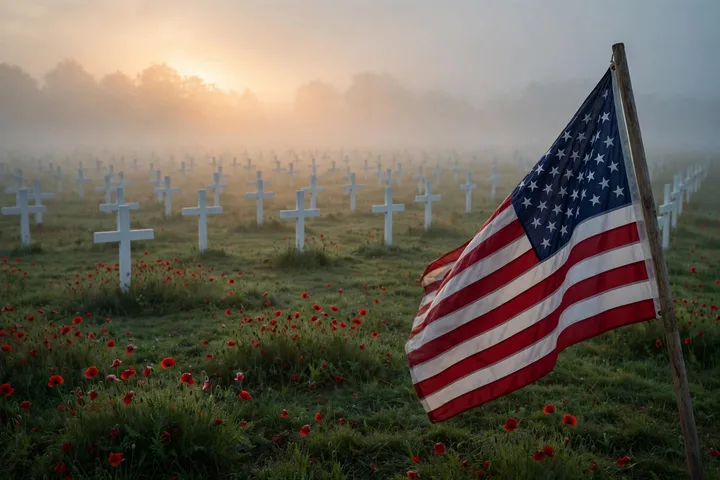 Sunrise over a WWI memorial field with rows of white crosses and an American flag