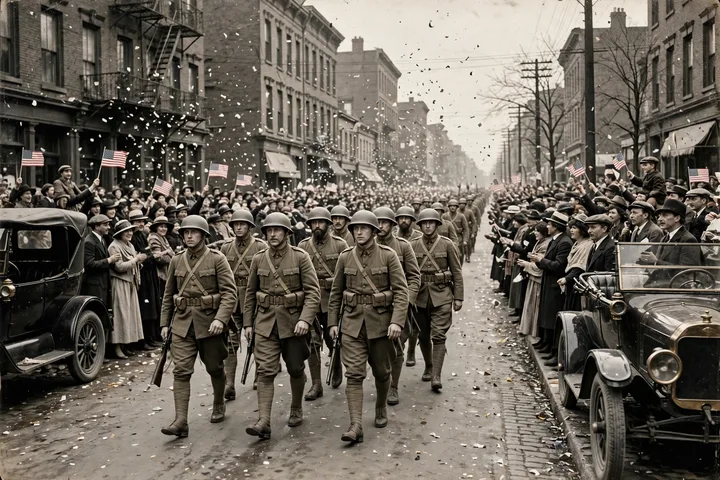 Crowds lining a street for a 1919 homecoming parade after World War I