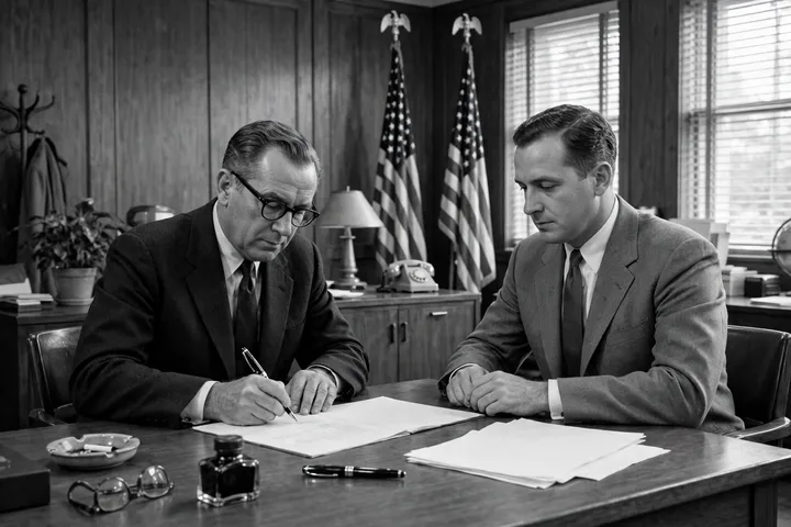 Officials signing documents at a 1950s ceremony renaming Armistice Day to Veterans Day