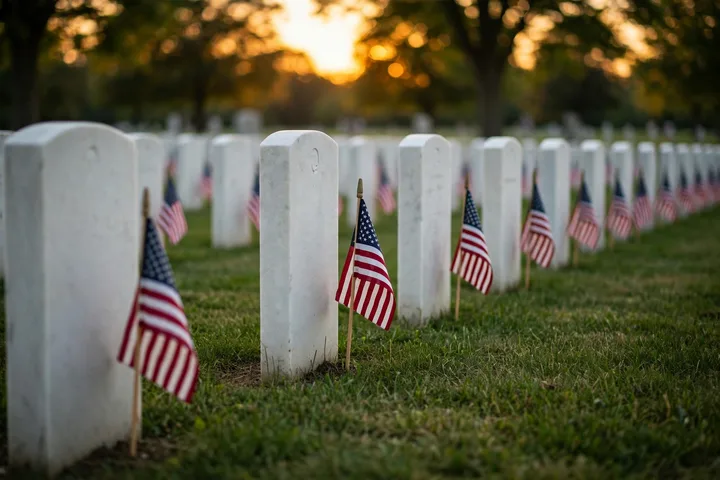 American flags placed at gravestones in a national cemetery at dusk
