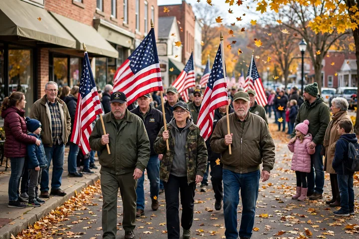 Veterans marching with American flags in a modern Veterans Day parade